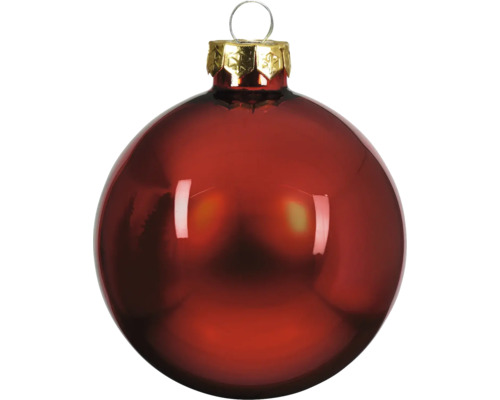 Boule de Noël en verre rouge brillant avec capuchon doré et œillet de suspension.