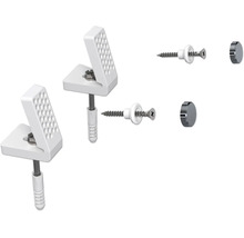 Kit de fixation pour miroir comprenant deux supports de serrage en plastique, des vis, des chevilles et des capuchons chromés.
