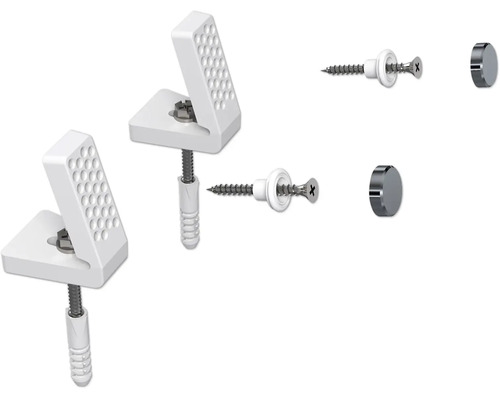 Kit de fixation pour miroir comprenant deux supports de serrage en plastique, des vis, des chevilles et des capuchons chromés.