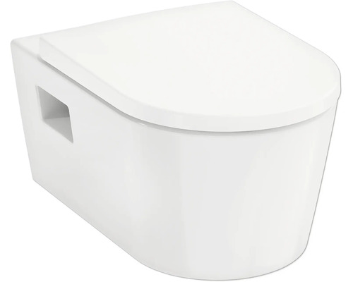 WC suspendu en céramique blanche avec abattant.