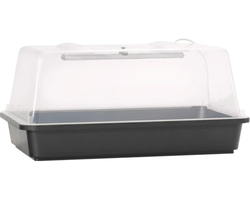 Mini-serre avec bac de culture en plastique noir, couvercle transparent et éclairage intégré.