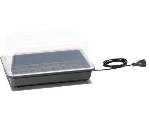 Serre d'intérieur électrique en plastique avec couvercle transparent et câble d'alimentation.