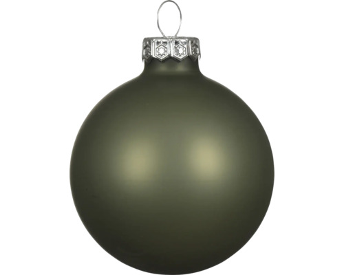 Boule de Noël en verre, vert mat, avec calotte argentée et attache.