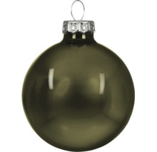 Boule de Noël en verre brillant vert olive avec capuchon métallique argenté et attache.