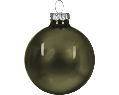 Boule de Noël en verre brillant vert olive avec capuchon métallique argenté et attache.
