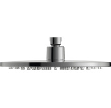 Pomme de douche de tête en chrome, design rond, vue latérale avec buses.