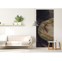 Salon moderne lumineux avec un grand panneau acoustique composé de lattes de bois verticales avec motif imprimé à côté d'un canapé clair.