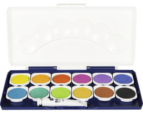 Boîte de peinture avec 12 pastilles de couleur et un tube de blanc couvrant dans un boîtier en plastique bleu avec couvercle blanc.