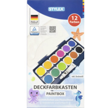 Stylex Logo, Deckfarbkasten mat 12 Faarwen an Deckwäiss, hiergestallt an Däitschland, TÜV Rheinland zertifizéiert.