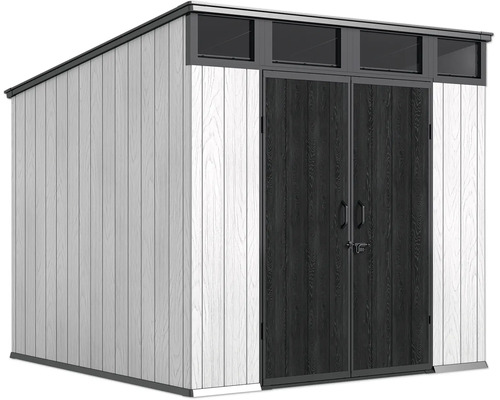 Modernes Gartenhaus mit Pultdach und Doppeltür sowie integrierten Oberlichtern in Holzoptik.
