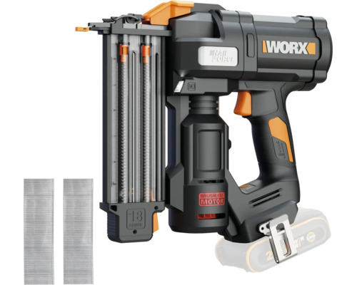 Cloueuse sans fil Worx avec moteur sans balais, calibre 18, incluant deux bandes de clous. Worx Logo.