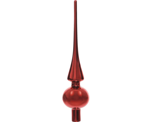 Cime de sapin de Noël rouge en verre, brillante, avec une pointe longue.