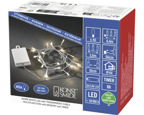 Guirlande lumineuse LED Konstsmide pour extérieur, blanc chaud, 40 lampes, câble transparent, fonctionnement sur piles avec minuterie.
