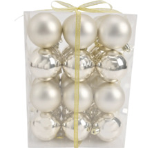 Lot de 12 boules de Noël en verre, mates et brillantes, dans une boîte transparente.