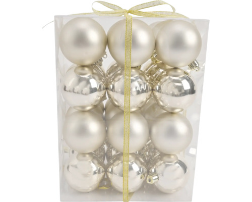 Lot de 12 boules de Noël en verre, mates et brillantes, dans une boîte transparente.
