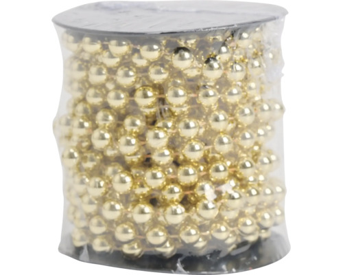 Guirlande de perles sur bobine, perles en plastique dorées pour décorations festives.