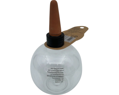 Transparente Bewässerungskugel für Pflanzen mit einem Bewässerungskegel aus Ton zur automatischen Wasserversorgung.