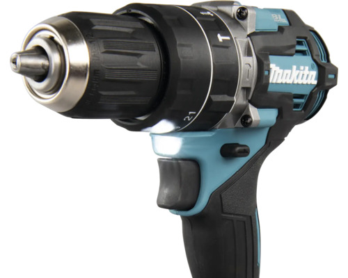 Perceuse-visseuse à percussion sans fil Makita avec bague de réglage de couple, mandrin à serrage rapide et lampe de travail. Makita Logo.