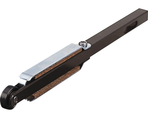 Support de galet pour fenêtres ou portes coulissantes en métal avec galet et surfaces de glissement.