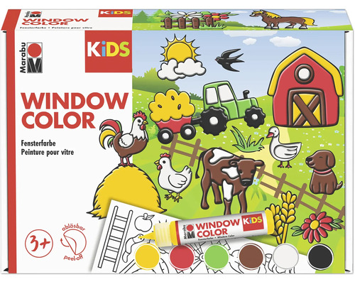 Marabu Kids Window Color Set mit Bauernhof Motiv zum Malen auf Glas und Fenstern für Kinder ab drei Jahren inklusive ablösbarer Fensterfarbe.