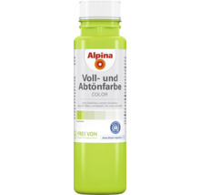 Alpina Voll- und Abtönfarbe in Grün für innen und außen, Kunststoffflasche, konservierungsmittelfrei, Blauer Engel Siegel.
