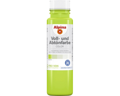Alpina Voll- und Abtönfarbe in Grün für innen und außen, Kunststoffflasche, konservierungsmittelfrei, Blauer Engel Siegel.
