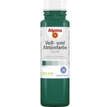 Dunkelgrüne Alpina Voll- und Abtönfarbe in einer Kunststoffflasche, geeignet zum Malen und Basteln im Innen- und Außenbereich.