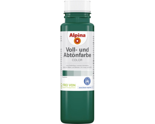 Dunkelgrüne Alpina Voll- und Abtönfarbe in einer Kunststoffflasche, geeignet zum Malen und Basteln im Innen- und Außenbereich.