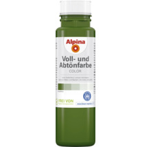 Alpina Voll- und Abtönfarbe olivegrün, fir bannen an baussen, zum Malen an ze bastelen, ouni Konservéierungsmëttel an ëmweltfrëndlech. Alpina Logo.