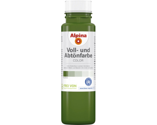Alpina Voll- und Abtönfarbe olivegrün, fir bannen an baussen, zum Malen an ze bastelen, ouni Konservéierungsmëttel an ëmweltfrëndlech. Alpina Logo.