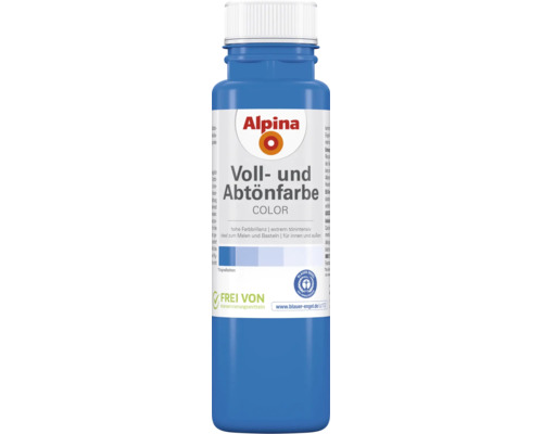 Alpina Voll- und Abtönfarbe Color, Alpina Logo, Blauer Engel Umweltsiegel, frei von Konservierungsmitteln, für innen und außen.