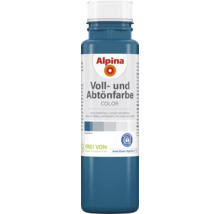 Blaue Alpina Voll- und Abtönfarbe für innen und außen, Alpina Logo, Blauer Engel, konservierungsmittelfrei.