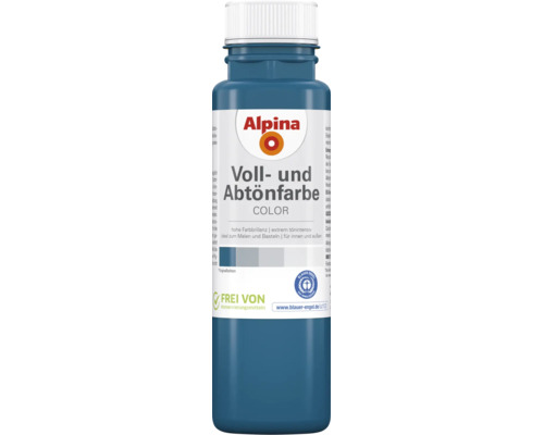Blaue Alpina Voll- und Abtönfarbe für innen und außen, Alpina Logo, Blauer Engel, konservierungsmittelfrei.