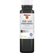 Alpina Voll- und Abtönfarbe in Anthrazit, Kunststoffflasche mit weißem Schraubverschluss, Blauer Engel Siegel, frei von Konservierungsmitteln.