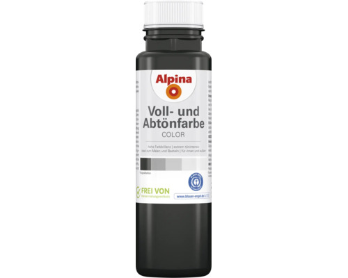 Alpina Voll- und Abtönfarbe in Anthrazit, Kunststoffflasche mit weißem Schraubverschluss, Blauer Engel Siegel, frei von Konservierungsmitteln.