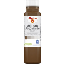 Braune Alpina Voll- und Abtönfarbe in einer Flasche mit weißem Verschluss, frei von Konservierungsmitteln, Blauer Engel Siegel.