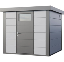 Abri de jardin moderne en métal avec toit plat et une porte avec fenêtre.