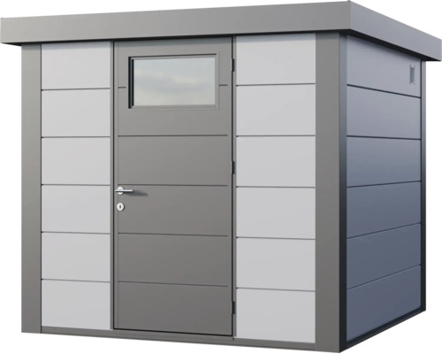 Abri de jardin moderne en métal avec toit plat et une porte avec fenêtre.