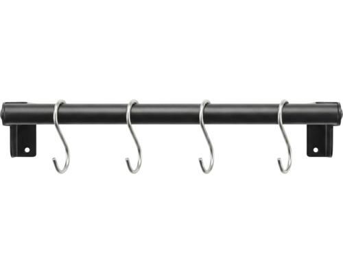 Schwarze Küchenreling mit vier silbernen S-Haken und Wandhalterungen aus Metall.