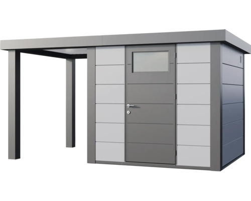 Modernes Gartenhaus aus Metall mit Pultdach, einer Tür mit Fenster und einem seitlichen Schleppdach.