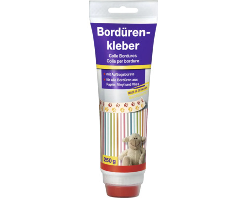 Colle bordures tube de 250 grammes avec brosse d'application pour bordures en papier, vinyle et intissé.