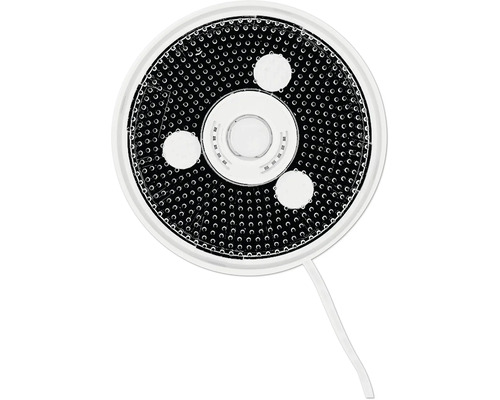 Spot LED encastrable rond avec surface perforée, trois points lumineux intégrés et boîtier blanc avec câble de raccordement.