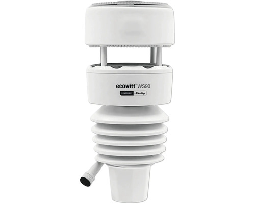 Station météo Ecowitt WS90 powered by Shelly, capteur extérieur blanc avec écran anti-radiations.