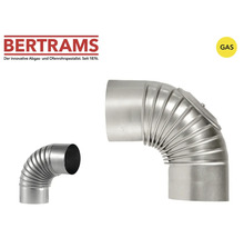 Coude de tuyau de poêle Bertrams 90 degrés en métal pour gaz, nervuré, avec ouverture de nettoyage. Bertrams Logo. Convient pour le gaz.