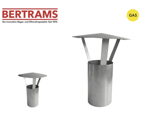 Bertrams Logo. Chapeau de cheminée pour appareils à gaz en métal avec base cylindrique et toit de protection. Convient pour le gaz.