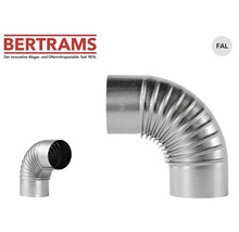Coude de tuyau de poêle Bertrams 90 degrés en tôle d'acier aluminisée. Bertrams Logo.
