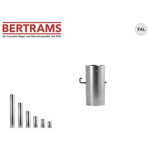 Bertrams Logo. Ofenrohre aus feueraluminiertem Stahlblech in verschiedenen Längen und ein Ofenrohr mit Drosselklappe.