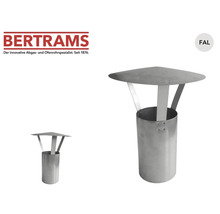 Logo Bertrams. Chapeau de cheminée en tôle d'acier aluminisée à chaud avec protection contre la pluie et manchon.