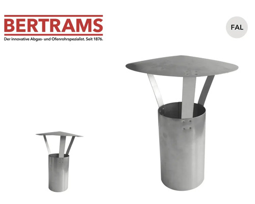 Logo Bertrams. Chapeau de cheminée en tôle d'acier aluminisée à chaud avec protection contre la pluie et manchon.