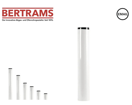 Bertrams Logo, tuyau de poêle Bertrams en émail blanc de différentes longueurs et label d'émail.